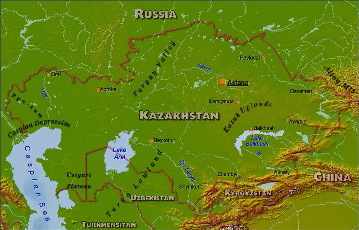 מפה של קזחסטן פיזית.