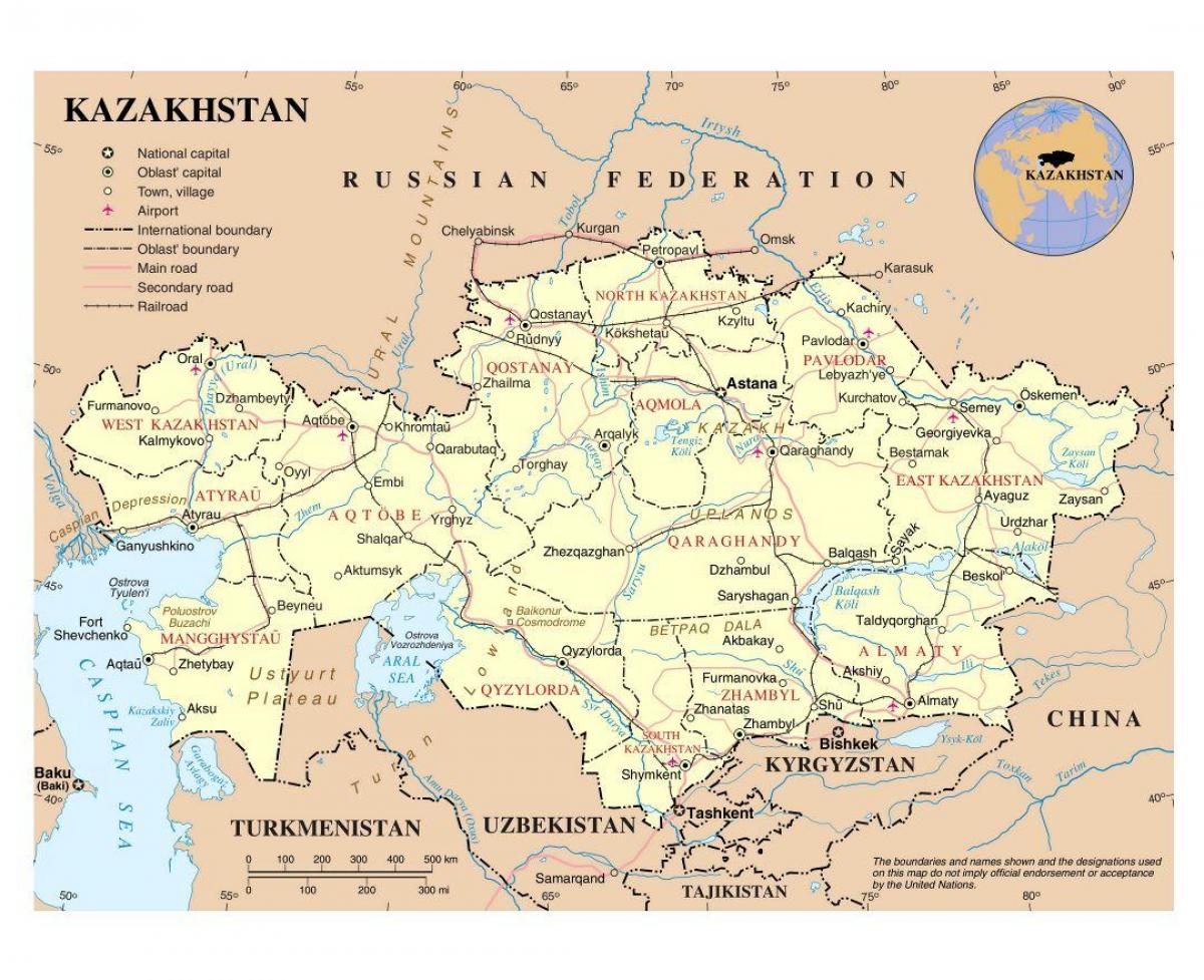 מפה של קזחסטן שדות התעופה.